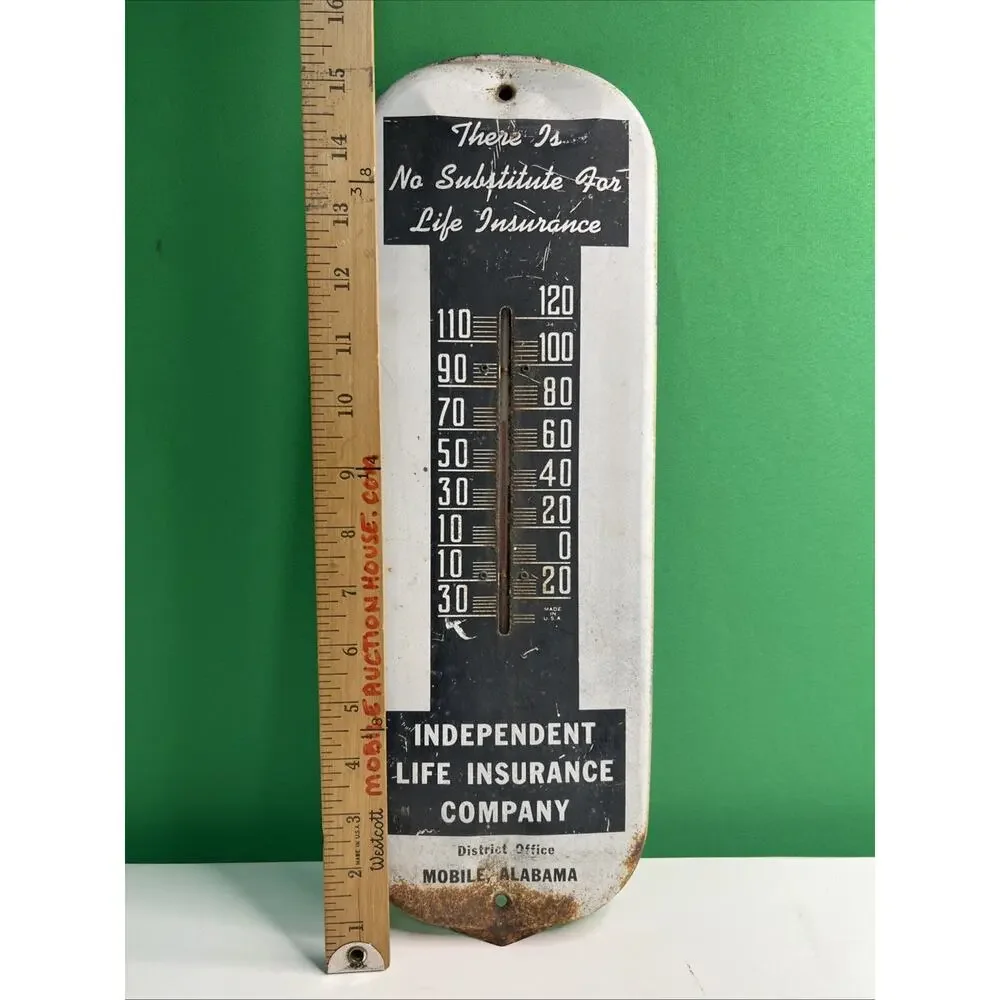 Vtg MOBILE ALABAMA Independent Life Insurance Co Thermometer Sign Advertising